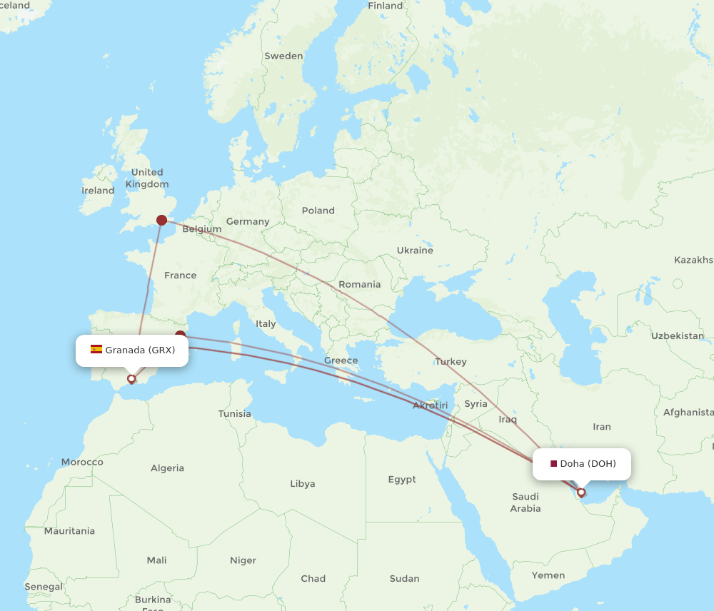 DOH to GRX flights and routes map