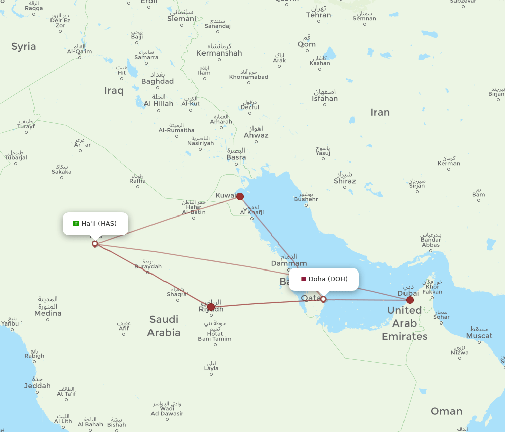 DOH to HAS flights and routes map