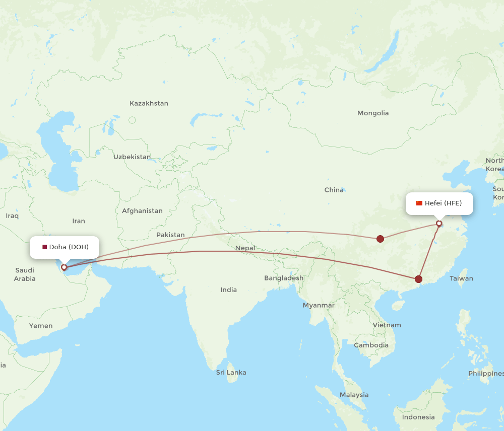 DOH to HFE flights and routes map