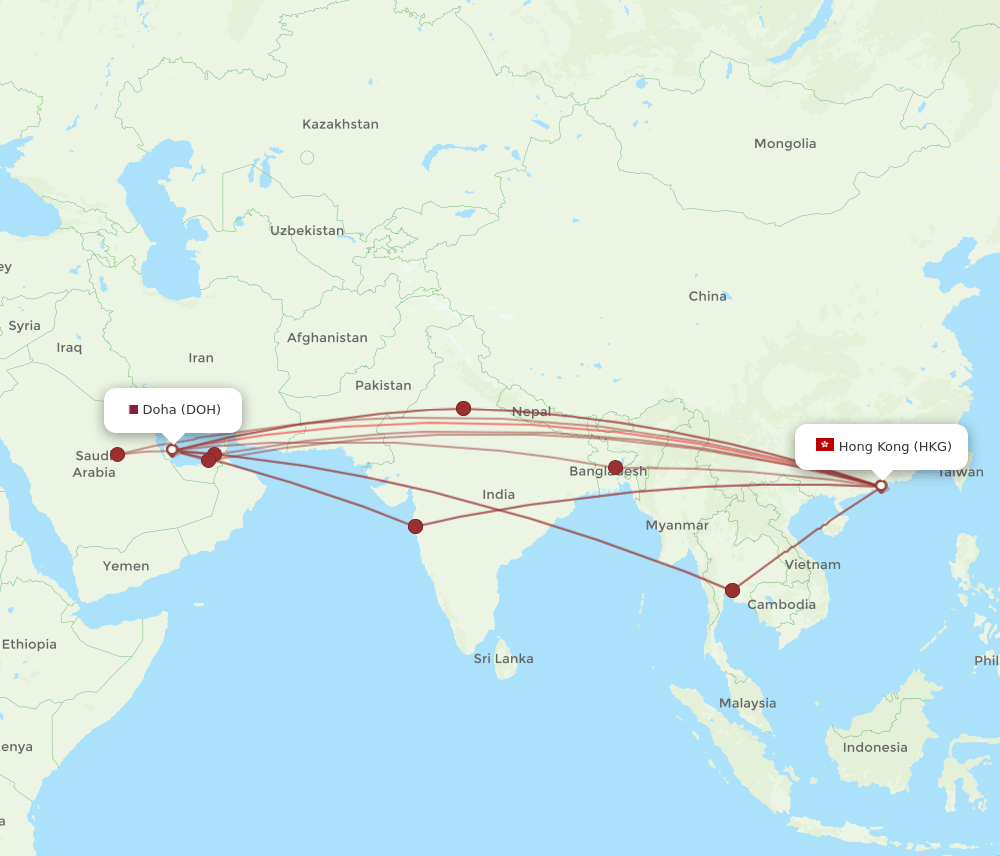 DOH-HKG flight routes