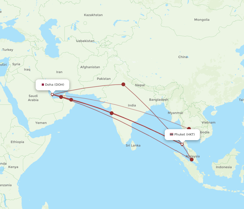 DOH to HKT flights and routes map