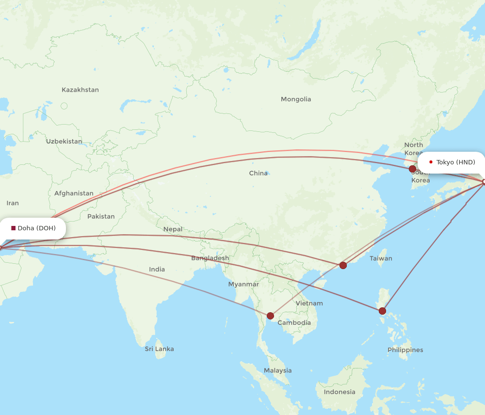DOH to HND flights and routes map