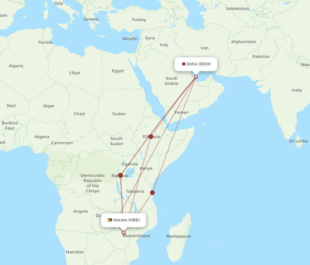 DOH-HRE flight routes