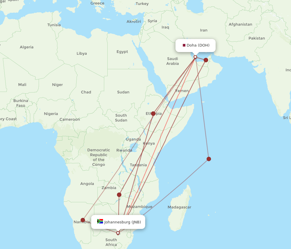 DOH to JNB flights and routes map