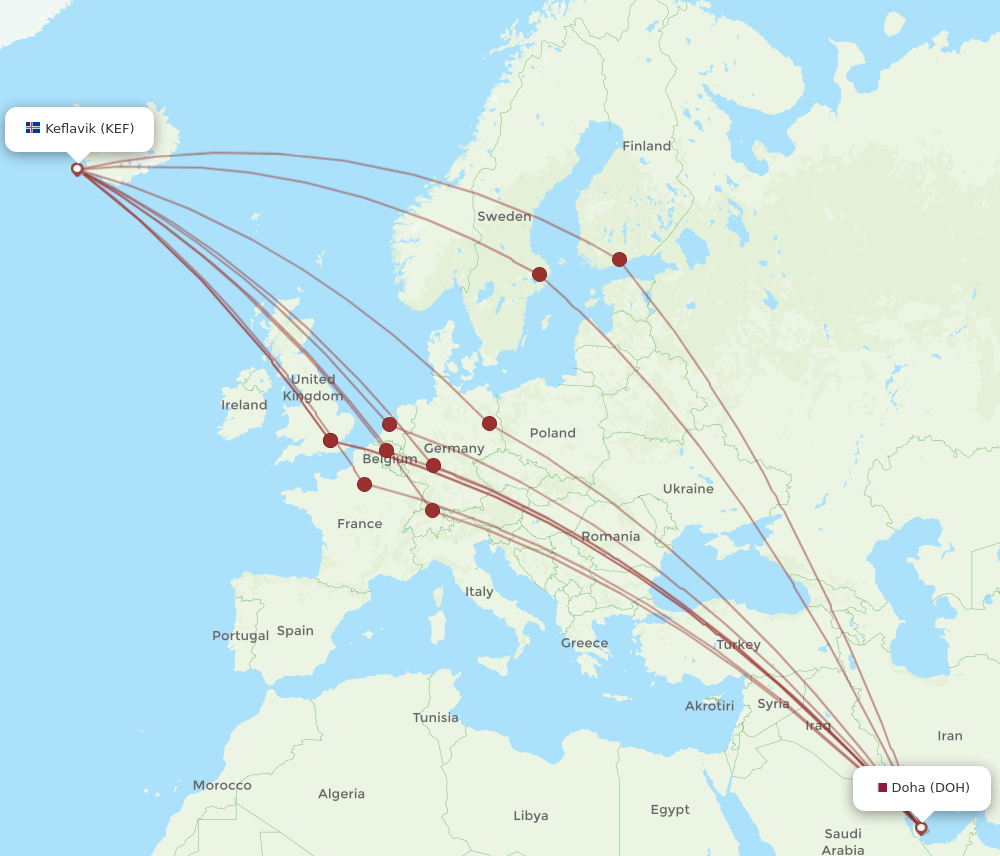 DOH to KEF flights and routes map