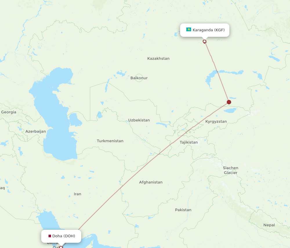 Doha - Karaganda route map and flight paths