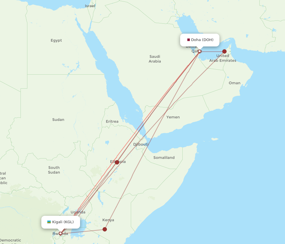 DOH to KGL flights and routes map