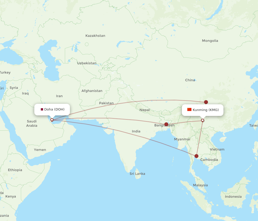 DOH-KMG flight routes
