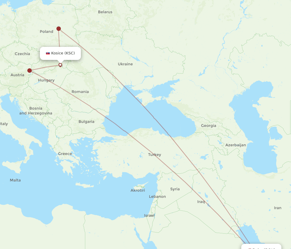 DOH to KSC flights and routes map