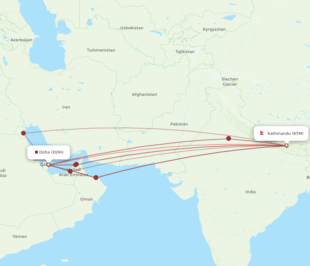 DOH to KTM flights and routes map