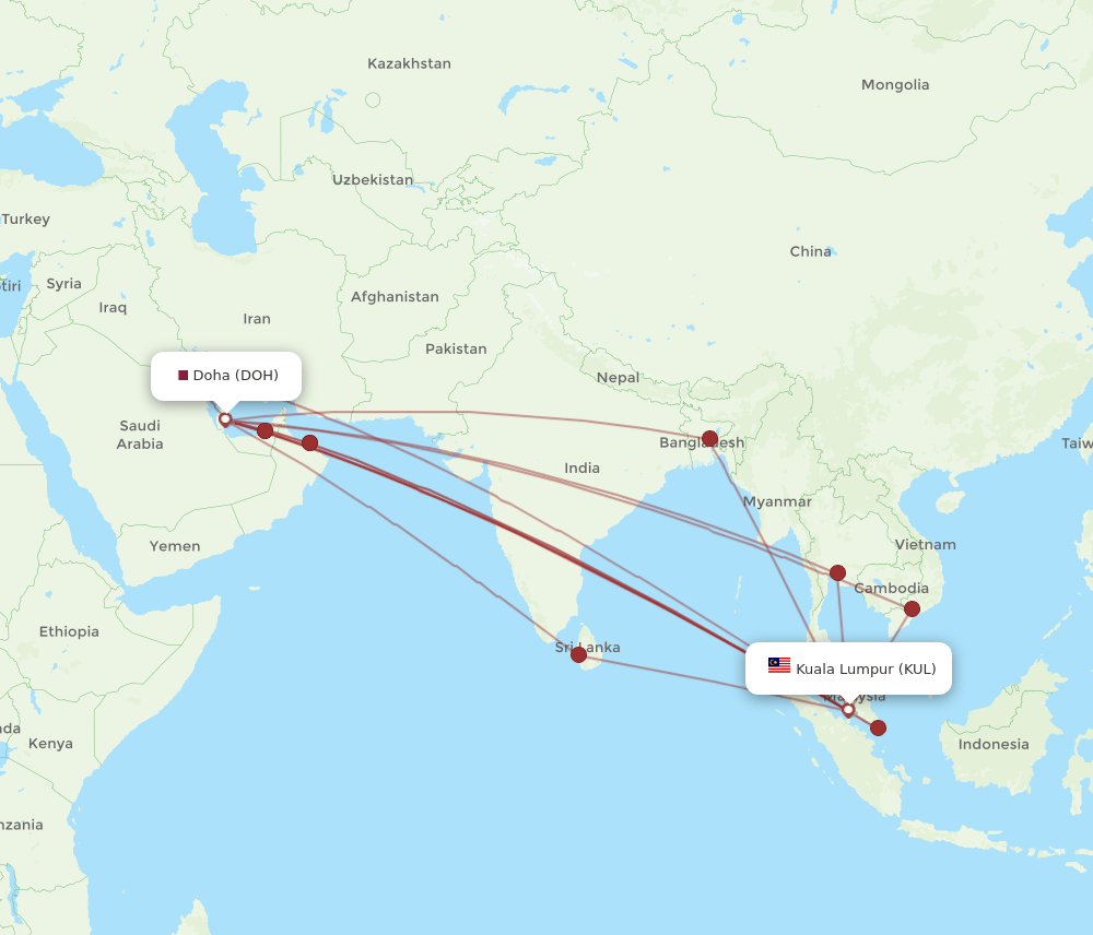 DOH to KUL flights and routes map