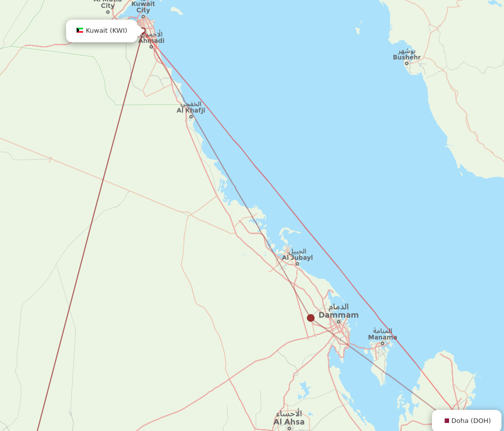 DOH to KWI flights and routes map