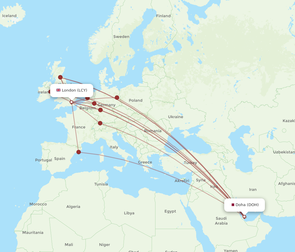 DOH to LCY flights and routes map