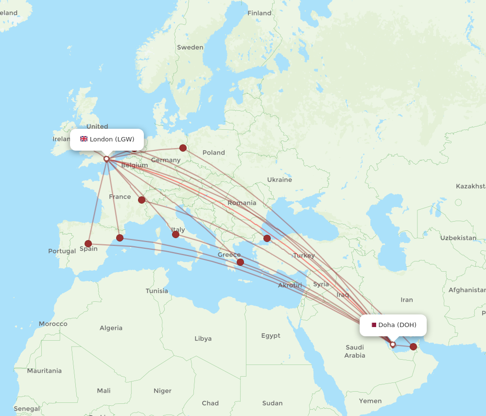 DOH to LGW flights and routes map