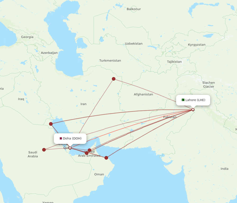 DOH-LHE flight routes