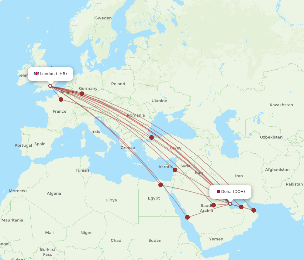 DOH to LHR flights and routes map