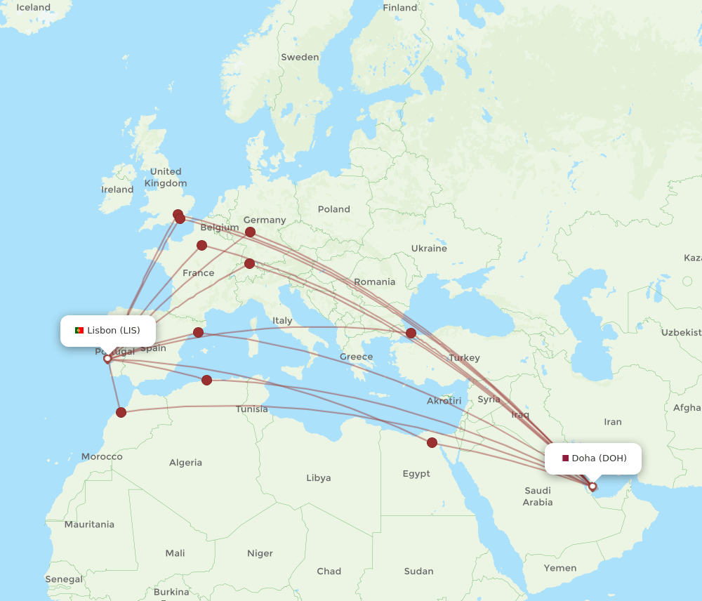 DOH-LIS flight routes