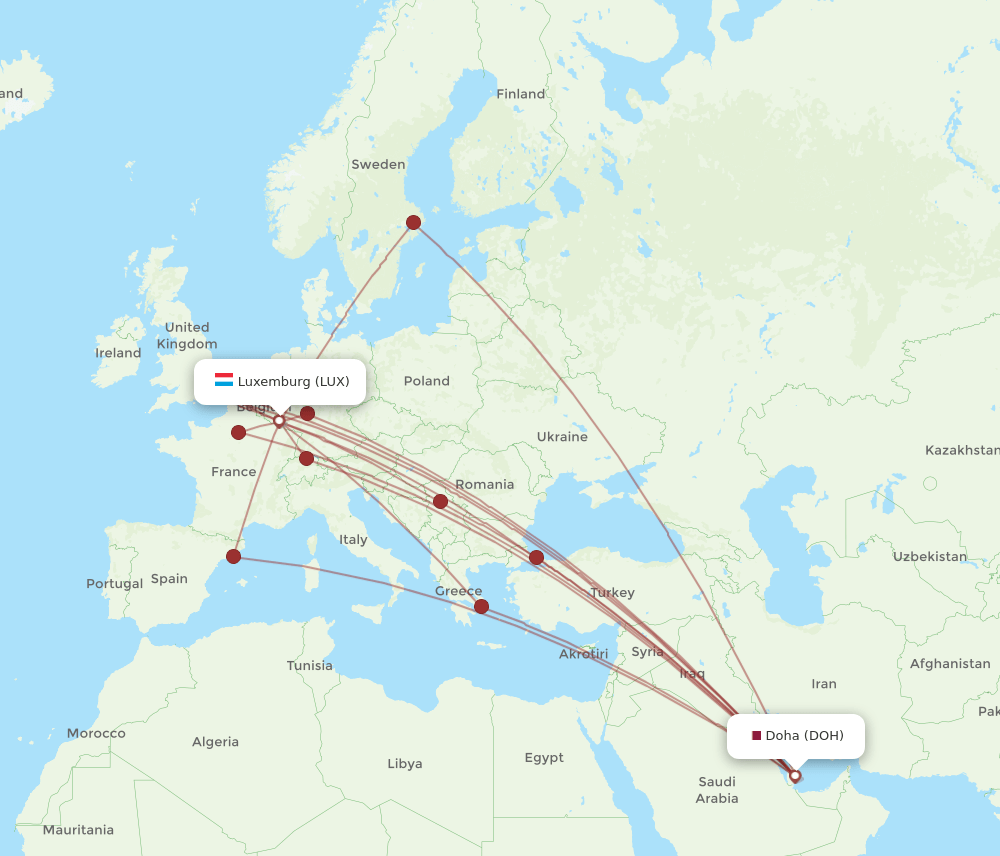 DOH to LUX flights and routes map