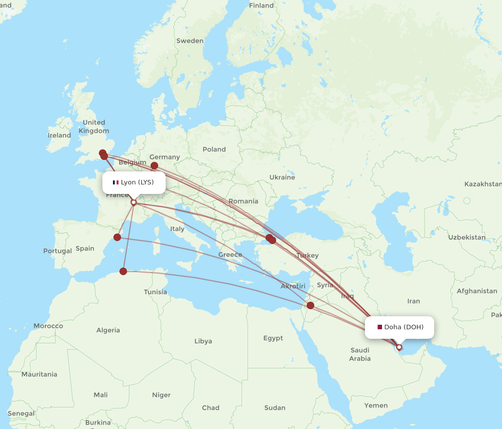 DOH to LYS flights and routes map