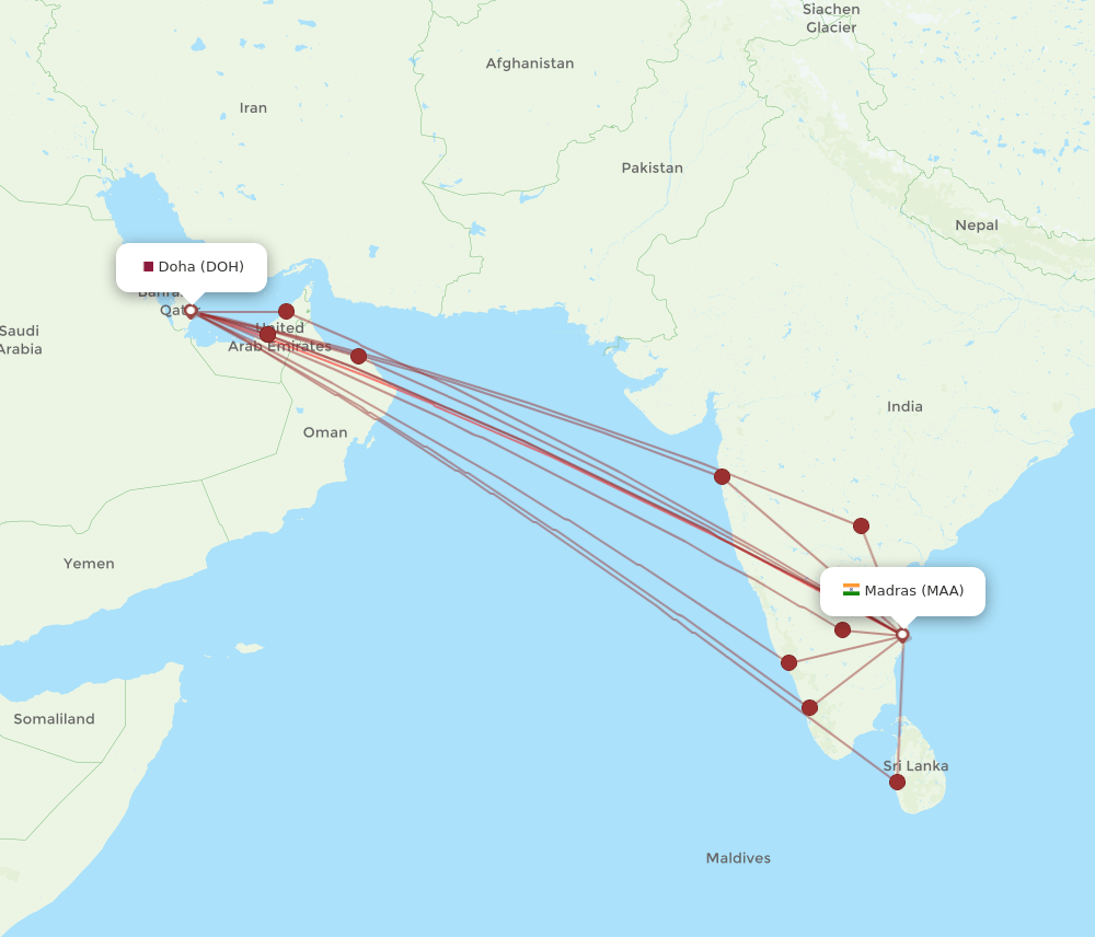 DOH to MAA flights and routes map