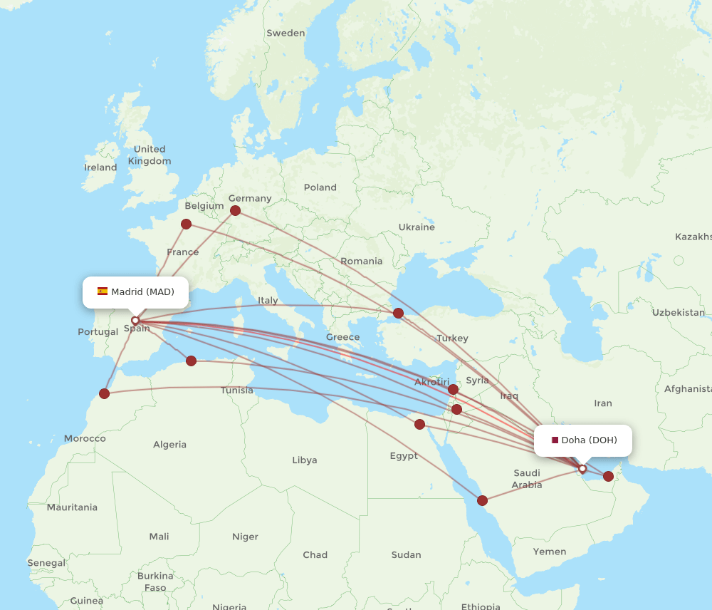 DOH to MAD flights and routes map
