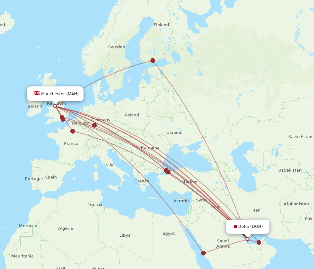 DOH to MAN flights and routes map