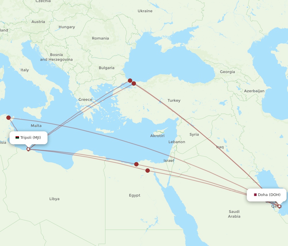 DOH to MJI flights and routes map