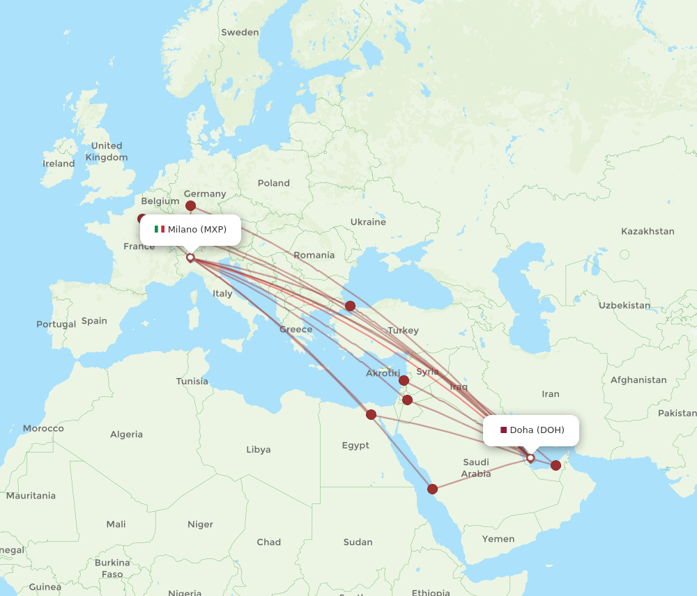 DOH to MXP flights and routes map