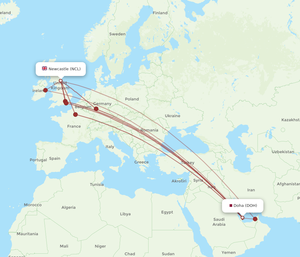 DOH to NCL flights and routes map