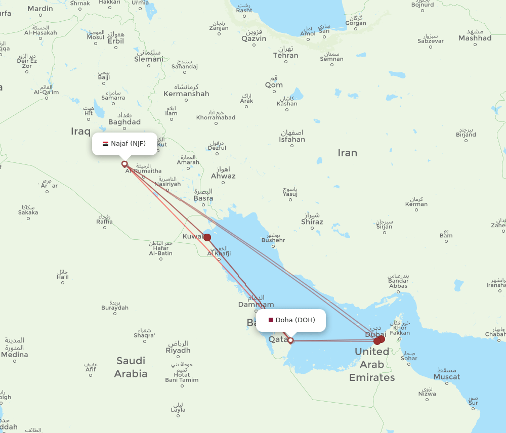 DOH-NJF flight routes