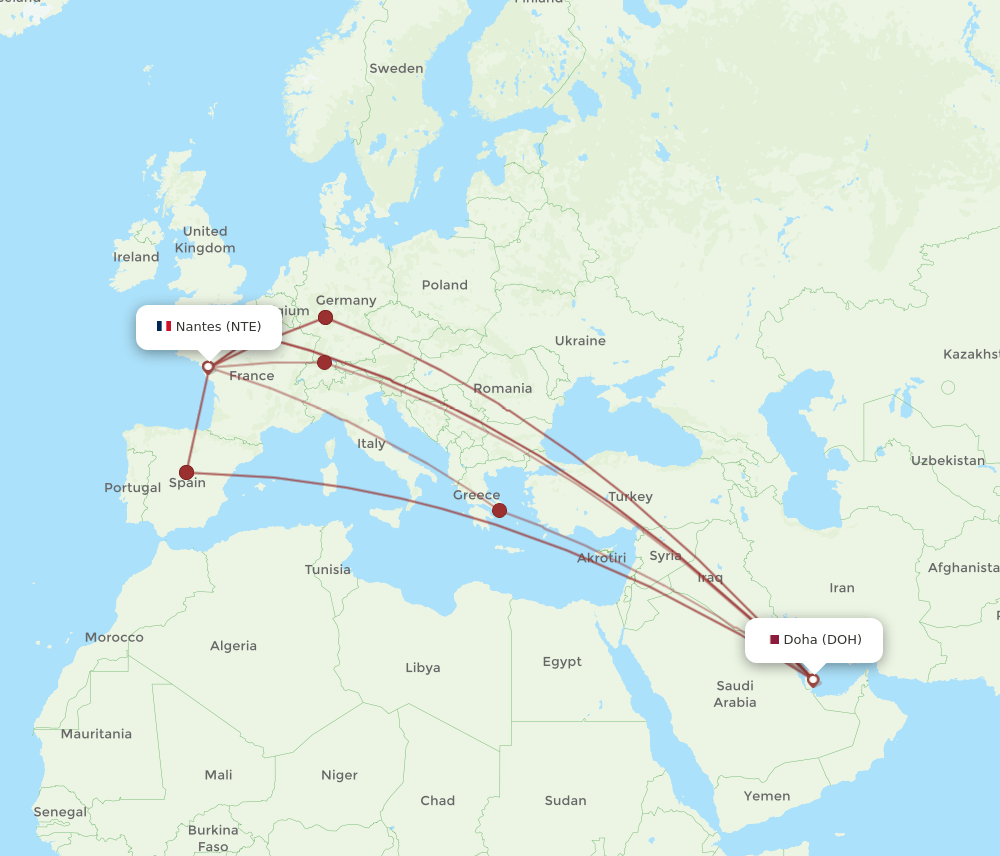 DOH to NTE flights and routes map