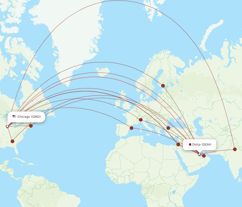 DOH to ORD flights and routes map