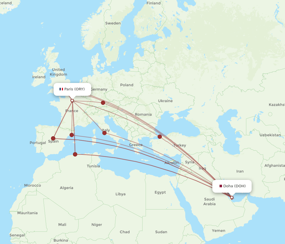 DOH to ORY flights and routes map