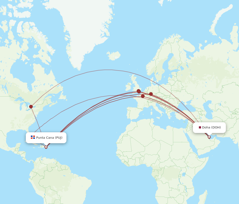 DOH to PUJ flights and routes map