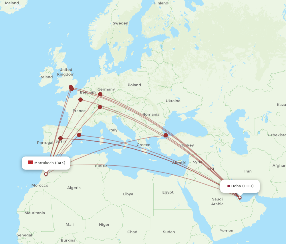 DOH-RAK flight routes