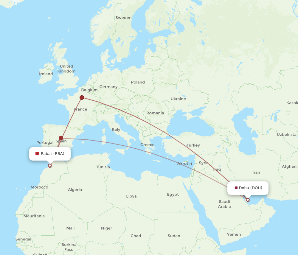 Doha - Rabat route map and flight paths