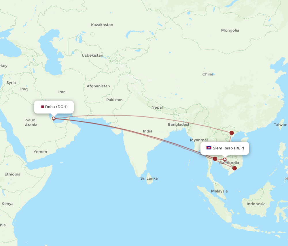 DOH to REP flights and routes map