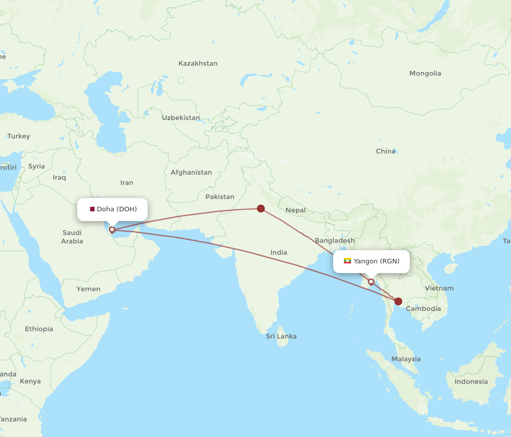 DOH-RGN flight routes