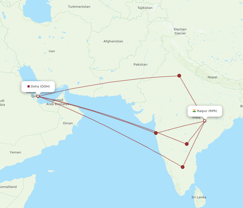DOH to RPR flights and routes map
