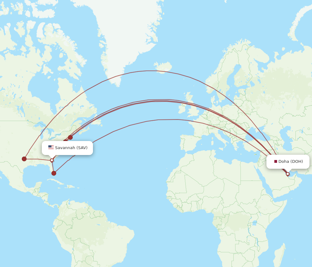 DOH-SAV flight routes
