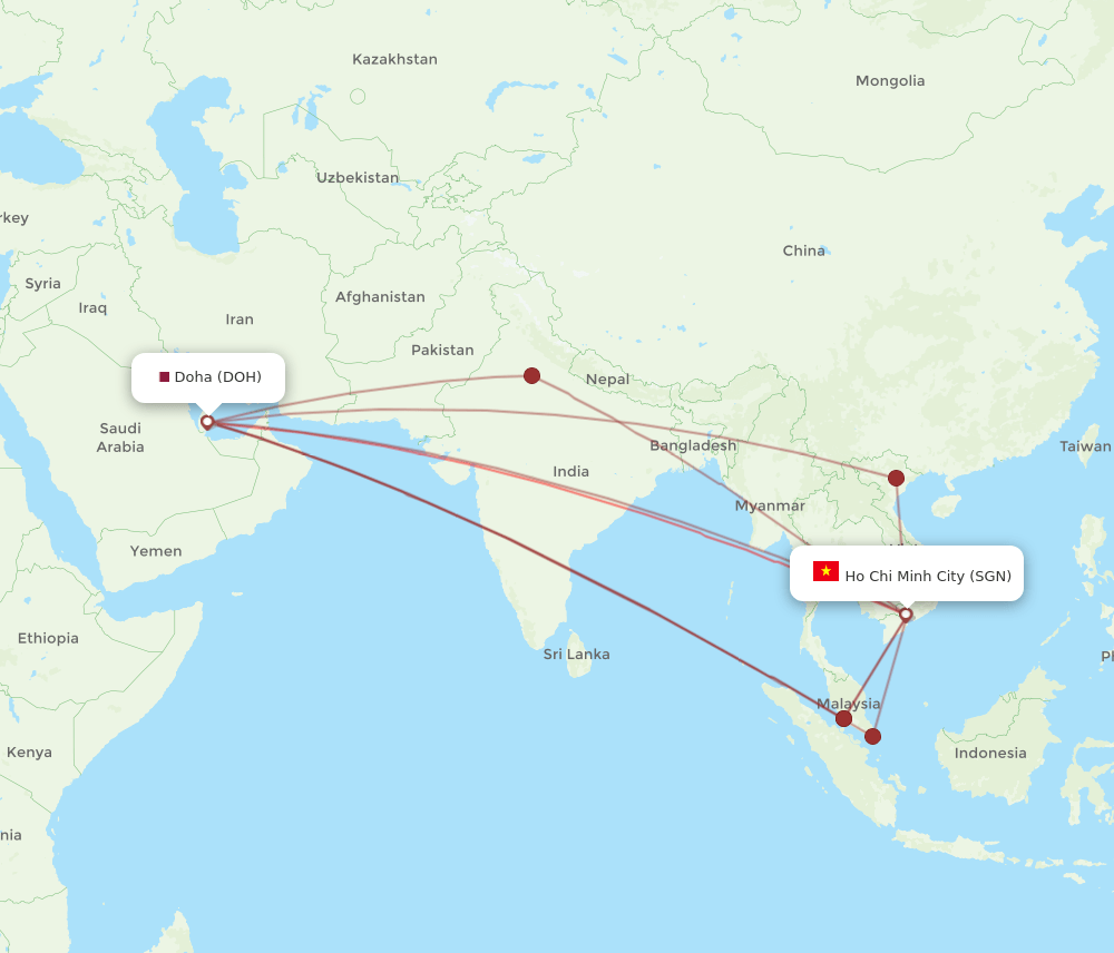 DOH to SGN flights and routes map