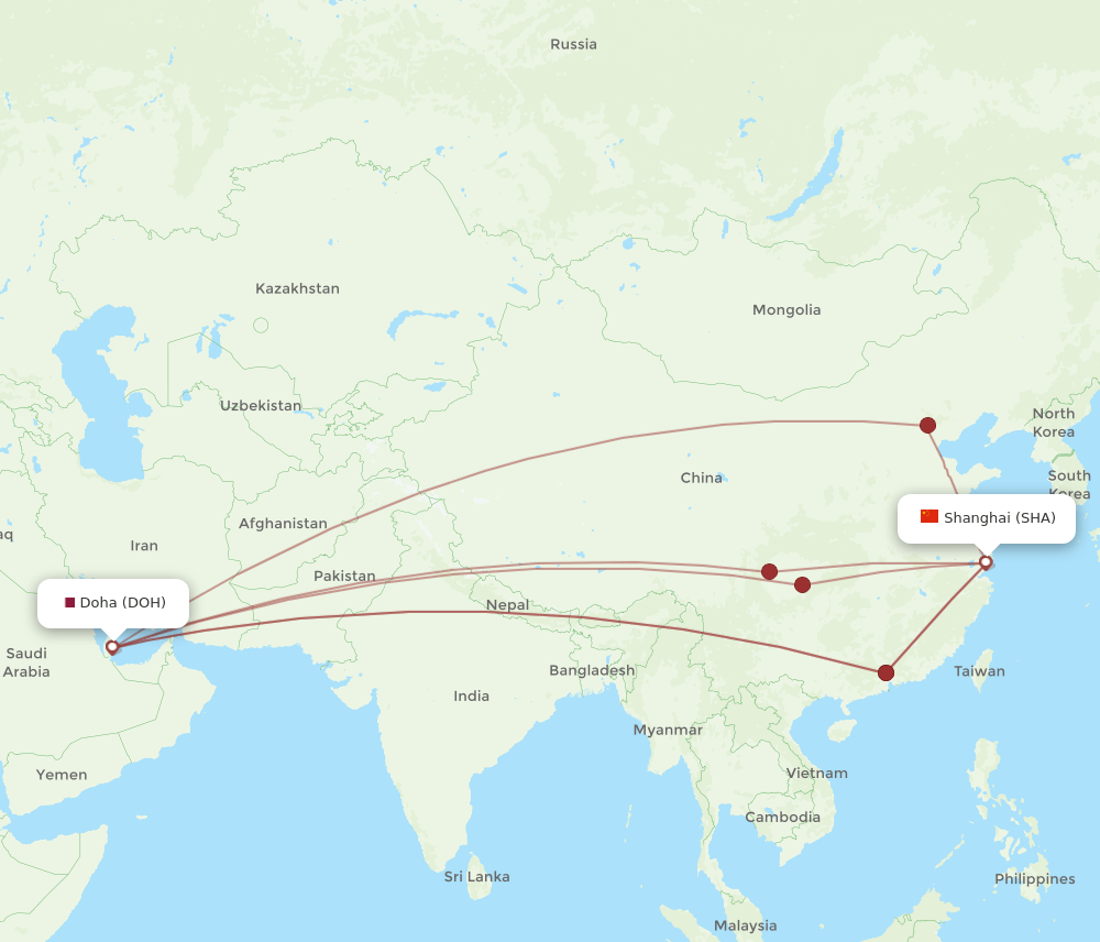 DOH-SHA flight routes