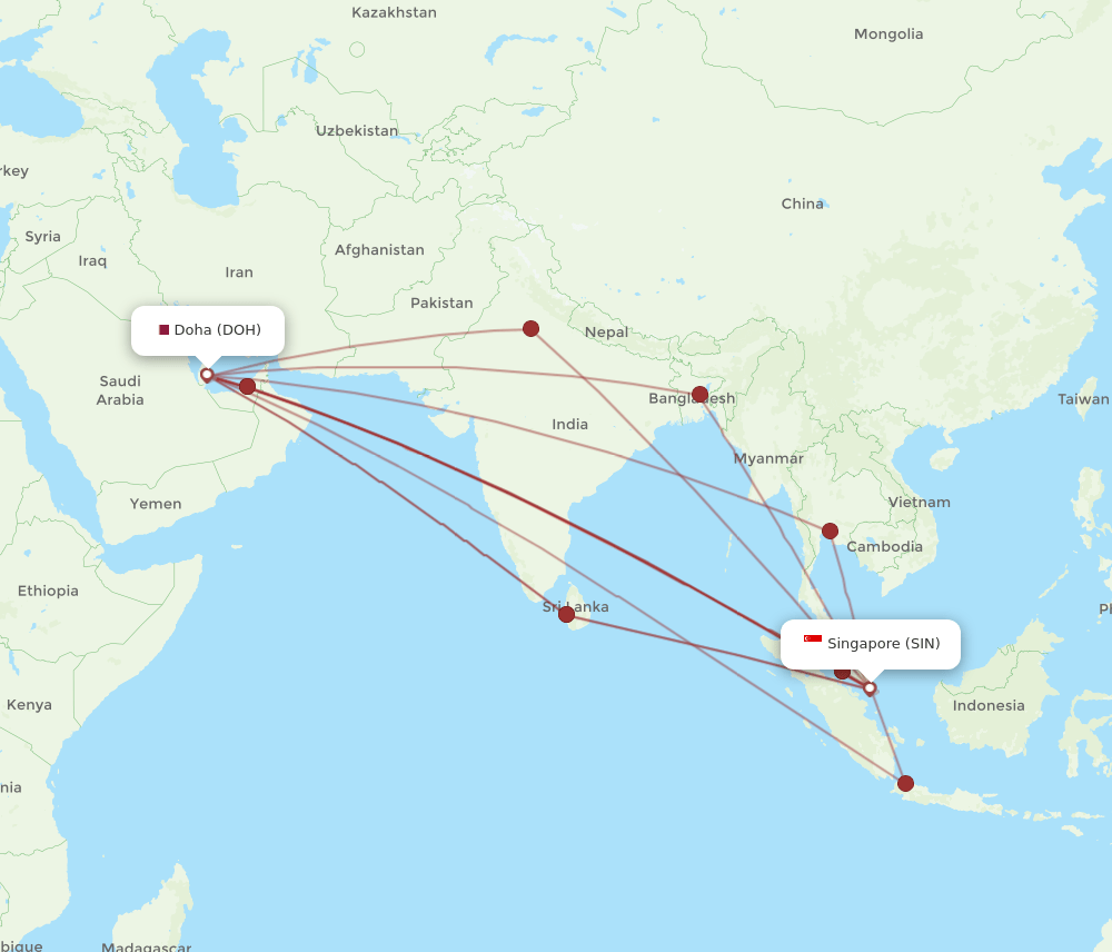 DOH to SIN flights and routes map