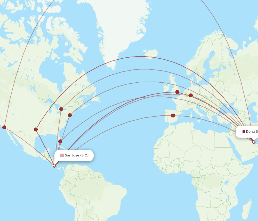 DOH to SJO flights and routes map