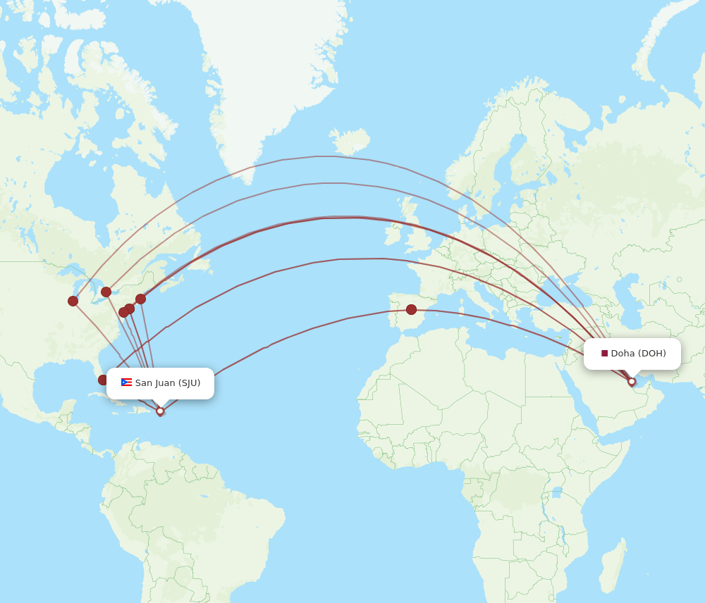 DOH to SJU flights and routes map