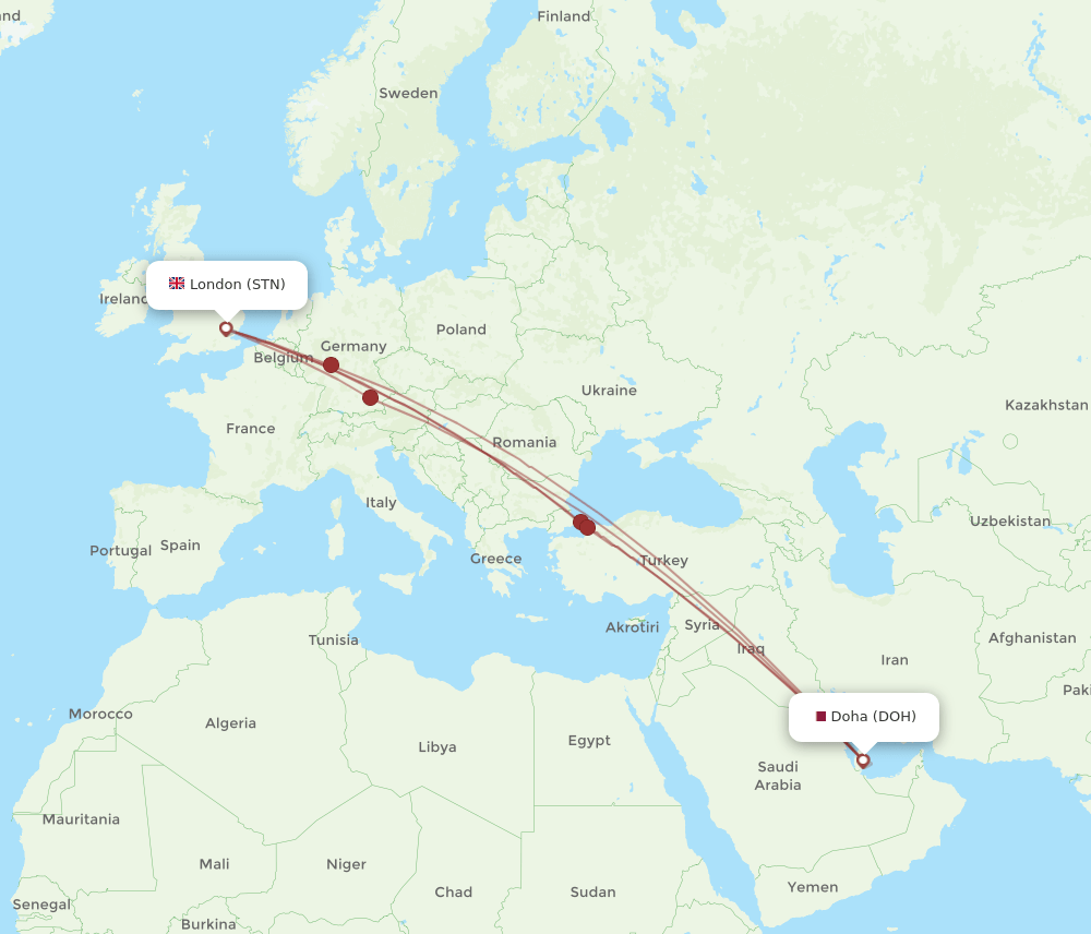 DOH to STN flights and routes map