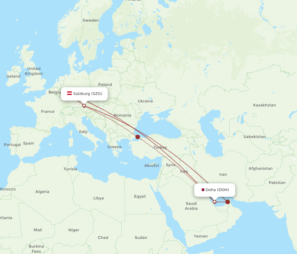 DOH-SZG flight routes