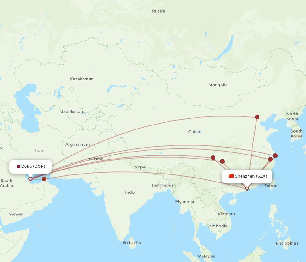 DOH-SZX flight routes