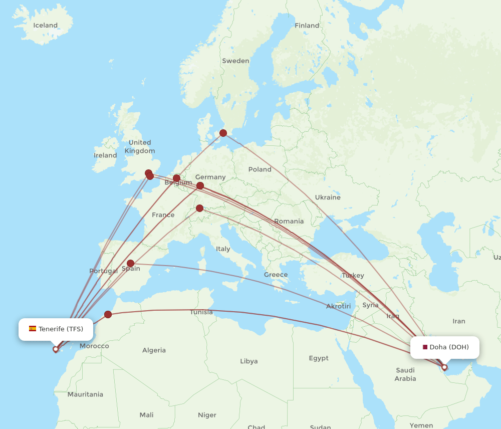 DOH to TFS flights and routes map