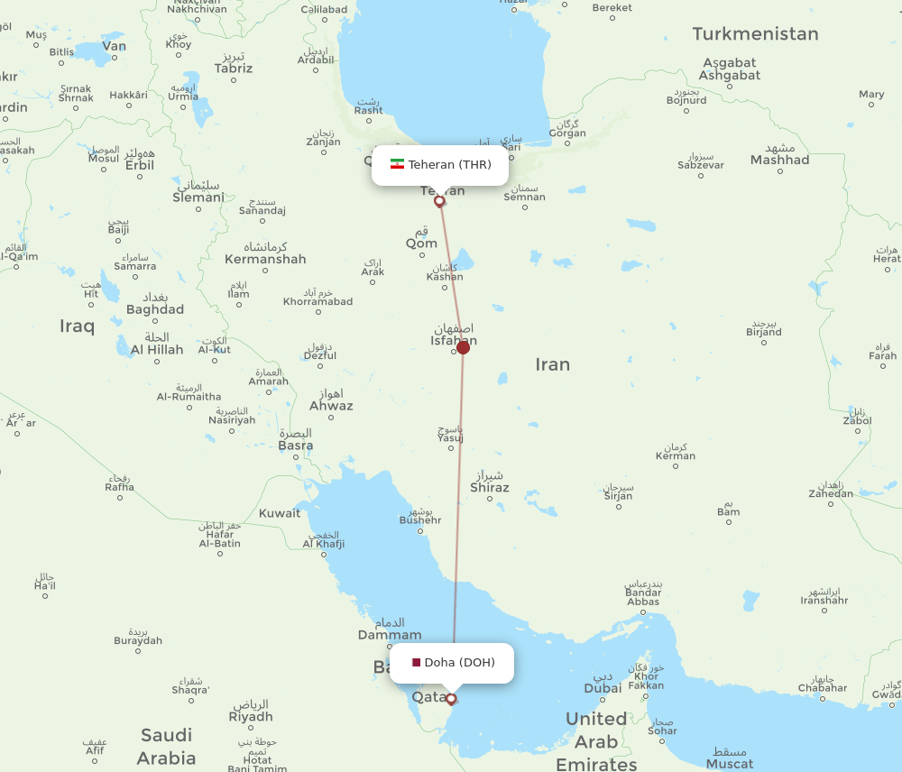 DOH to THR flights and routes map